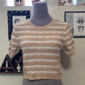 Aerie Womens Beige & White Striped Knit Short-Sleeve Top